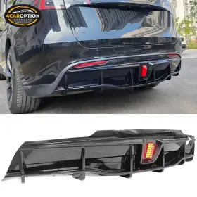4car-bld-tsly20ikled-gbk 4caroption Fits 20-24 Tesla Model Y Rear Bumper Lip Diffuser Spoiler Gloss Black With Led