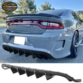 4car-bld2-dc15srtqd-mbk 4caroption 840217375399 Fits 15-23 Charger V1 Style Quad Exhaust Rear Diffuser Shark Fin Pp Matte Black
