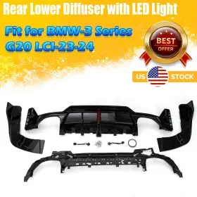 G20-lci-diff-gb Amsparc For Bmw 3 Series G20 Lci 2023-24 Glossy Black Rear Lower Diffuser With Led Light