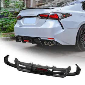 4car-bld-tca18leik-gbk Bbajeidky Fits 18-24 Toyota Camry Rear Diffuser With 3rd Brake Light Carbon Fiber Style