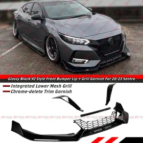 Cuztomtuning B18 4 For 20-23 Sentra V2 Gloss Black Front Bumper Lip With Grill Chrome Delete Garnish