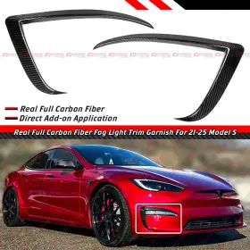 Flc-mds21-2pc-cf Cuztomtuning For 2021-25 Tesla Model S Full Carbon Fiber Front Bumper Fog Light Garnish Trim