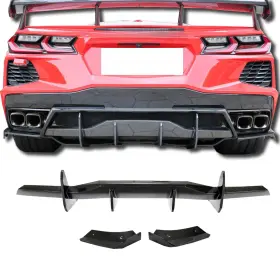 C8-parts Eeverglow Black Rear Bumper Diffuser For 2020-up Corvette C8 Stingray Z51 Carbon Fiber