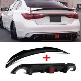 Slj-1240-lh Eynda Rear Bumper Diffuser Led And Psm Trunk Spoiler For 18-23 Infiniti Q50 Glossy Black