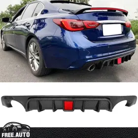 Bld-iq5018led-cfl Free-auto802 Fit 18-23 Infiniti Q50 Led Brake Light Rear Bumper Diffuser Carbon Fiber Print