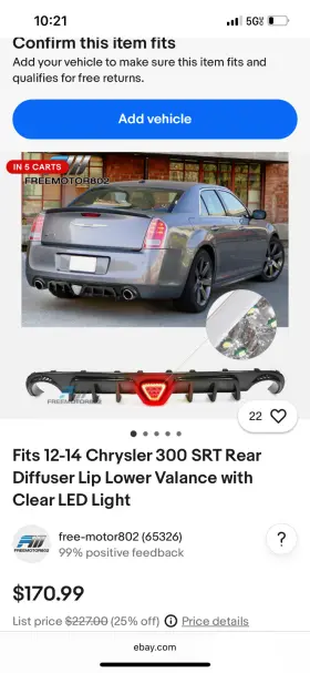 Fz-bld-c30012srt-pp Free-motor802 840110612690 Fits 12-14 Chrysler 300 Srt Rear Diffuser Lip Lower Valance With Clear Led Light