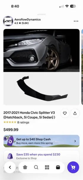118528 Honda 2017-2021 Civic Splitter V3 Hatchback Si Coupe Sedan