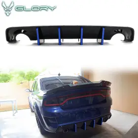 Cb-a012987 Hyper Glory Fits 20-23 Charger Widebody Gloss Black Rear Diffuser Pp With Blue Reflective Tape