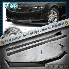 2-pu-476-pbk W-power 9pc Painted Black For 2016-2022 Chevy Camaro Front Lip Universal Side Skirts