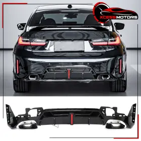 Xcs-bld-bg2023ik-gbk Xcessmotors 198073592307 For 23-26 Bmw G20 3-series Rear Bumper Diffuser With Led And Exhaust Tips Gloss Black