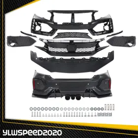 V-02bum1305zbk Ylwspeed20 Fits 2016-2021 Honda Civic Sedan Black Pp Bumper And Lip Grille Set Front Rear