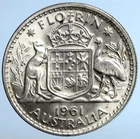 1961 Australia Uk Queen Elizabeth Ii Old Silver Florin Coin Coat-of-arms I110790 Ungraded. Price: $136.20.